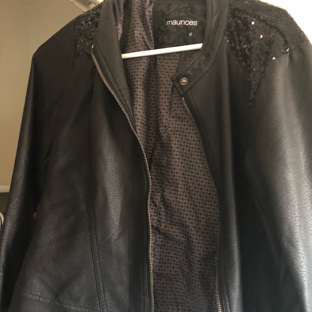 Black leather jacket with sequin shoulders